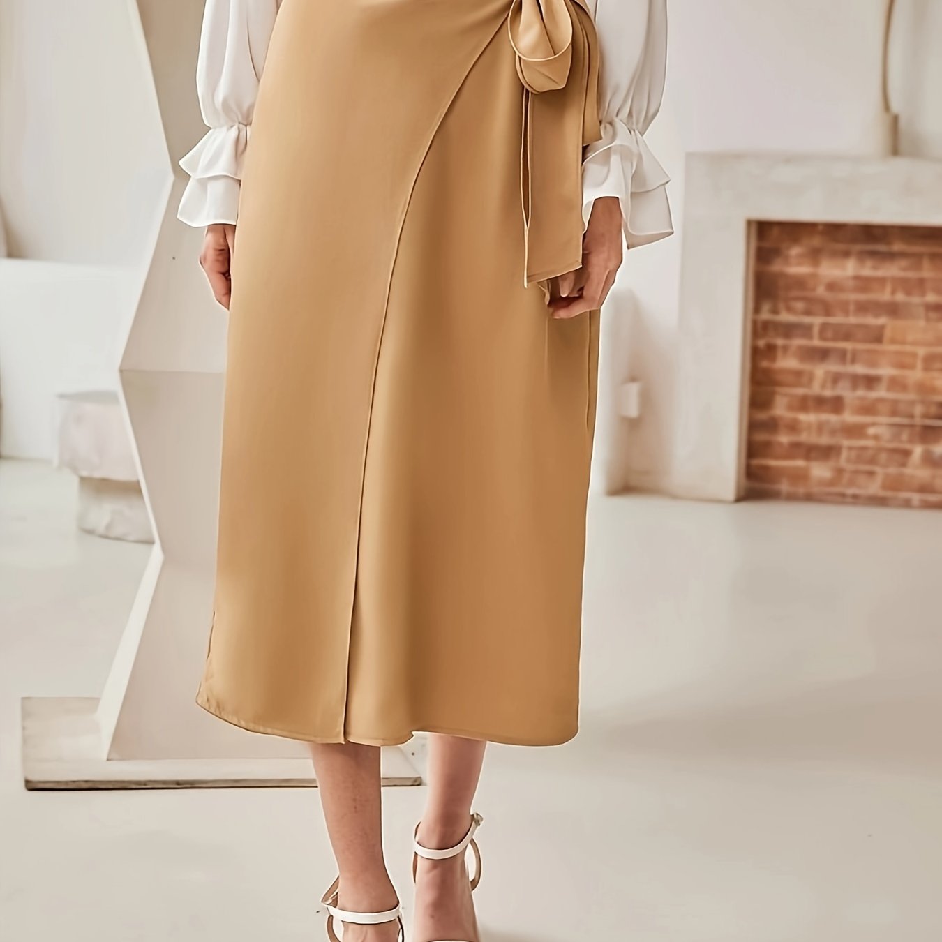 Elegant Plain Wrap Skirt with Bow and High Waist for Women