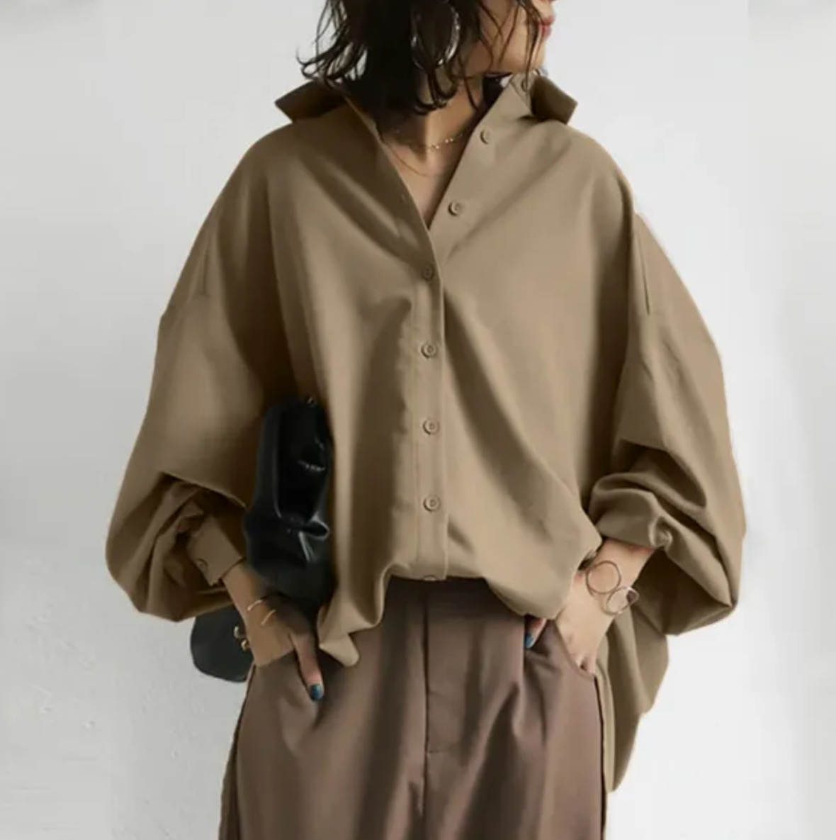 Airy Oversized Women's Blouse with Lapel Collar