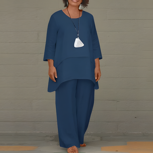 Women's Linen Summer Set with Layered Top and Wide Leg Pants