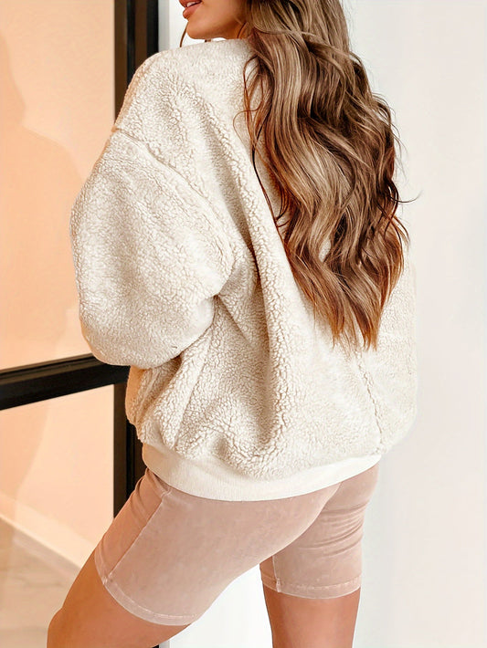 Women's Fleece Bomber Jacket with Round Neck in Solid Color