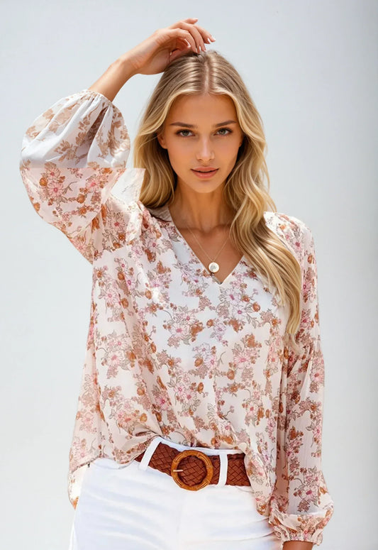 Airy Women's Blouse with Floral Print and Loose Fit
