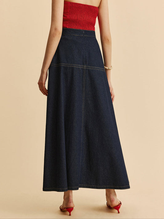 Dark Blue Denim Maxi Skirt – High Waist & Classic Stitching