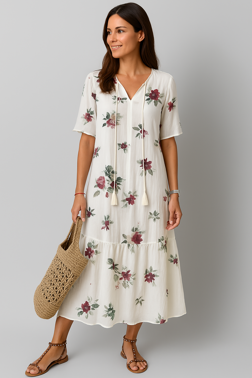 Elegant Women's V-Neck Dress with Print and Flattering Fit