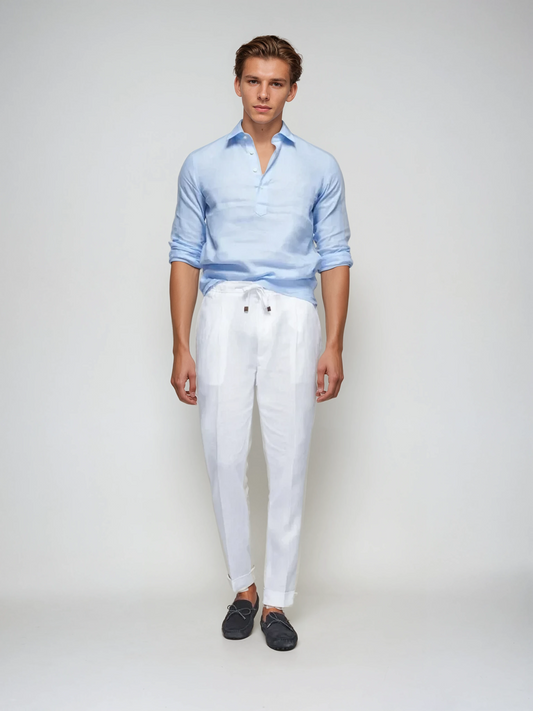 Men's Linen Pop-Over Shirt – Light Blue, Breathable & Casual-Chic