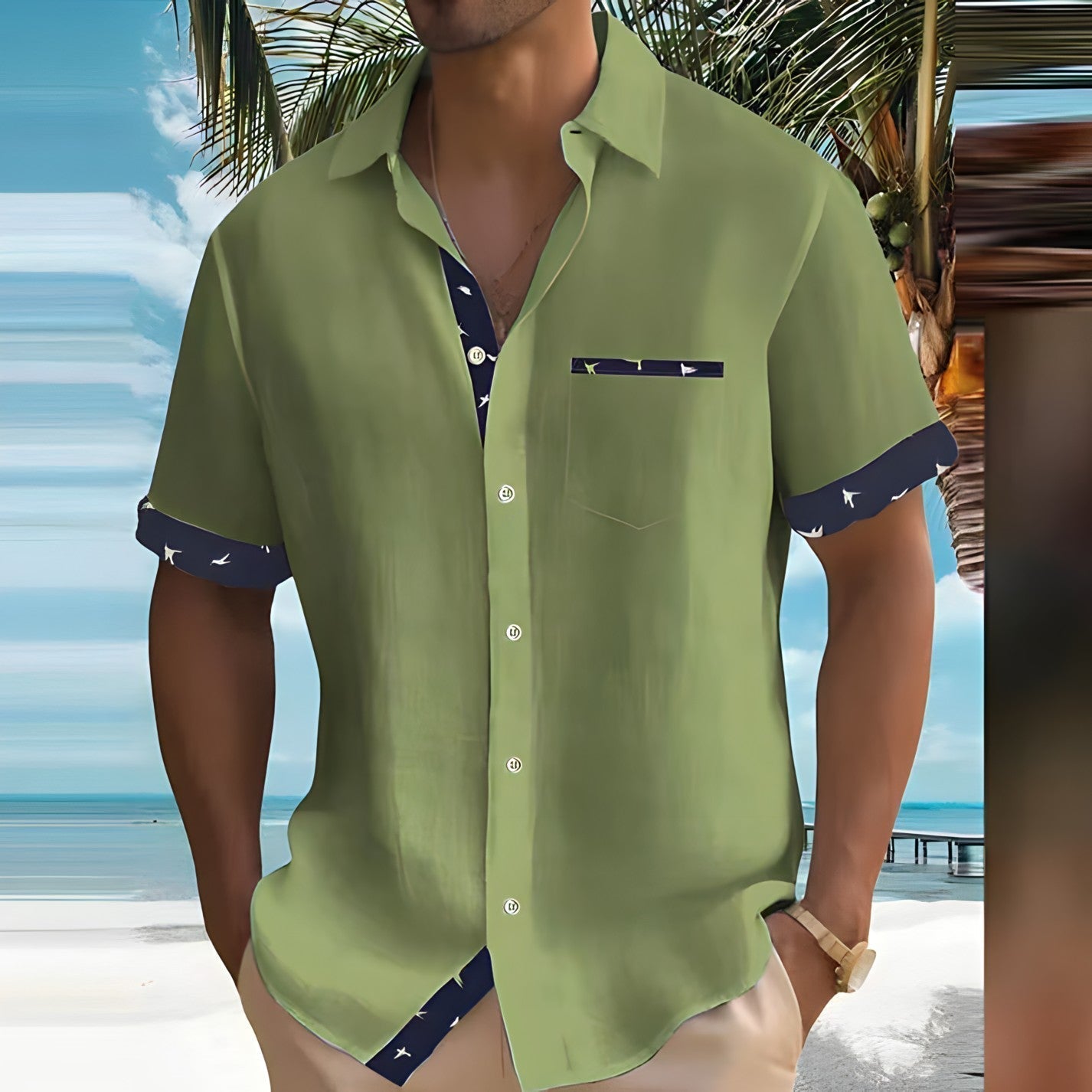Summer Men's Shirt with Short Sleeves and Bird Print