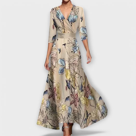 Long Women's Wrap Dress with Three-Quarter Sleeves – Elegant & Flowing