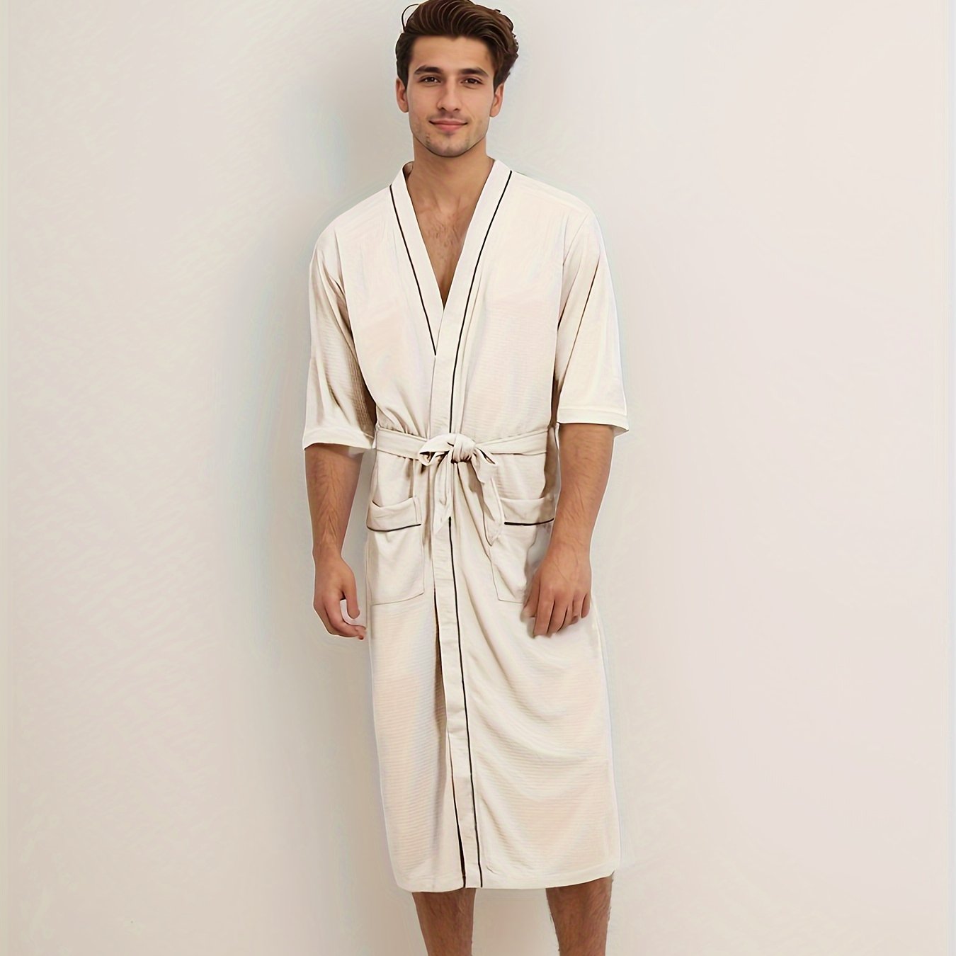 Men's bathrobe with short sleeves and V-neck