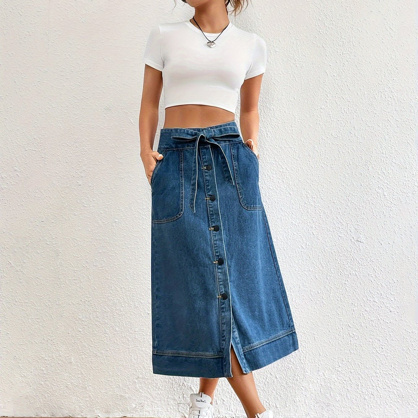 Plain Denim Midi Skirt with Tie Belt for Women