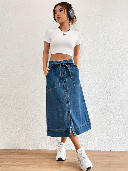 Plain Denim Midi Skirt with Tie Belt for Women