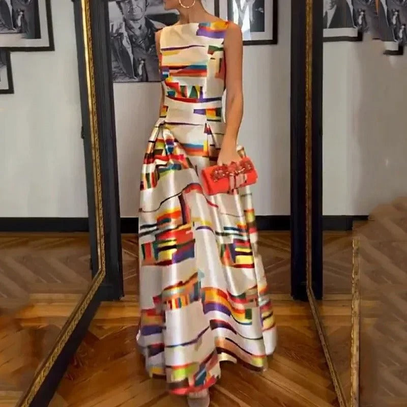 Elegant Sleeveless Evening Dress with Graphic Print and Raised Waistline