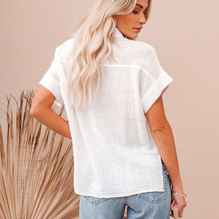 Linen Women's Blouse with Short Sleeves and Button Closure