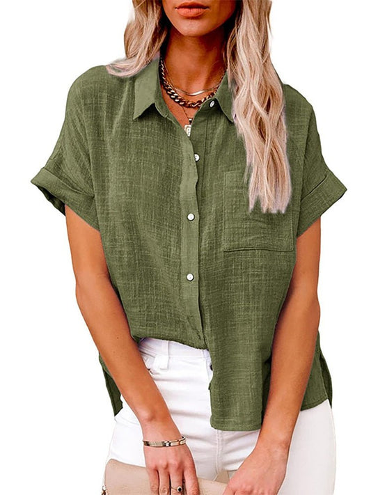 Linen Women's Blouse with Short Sleeves and Button Closure