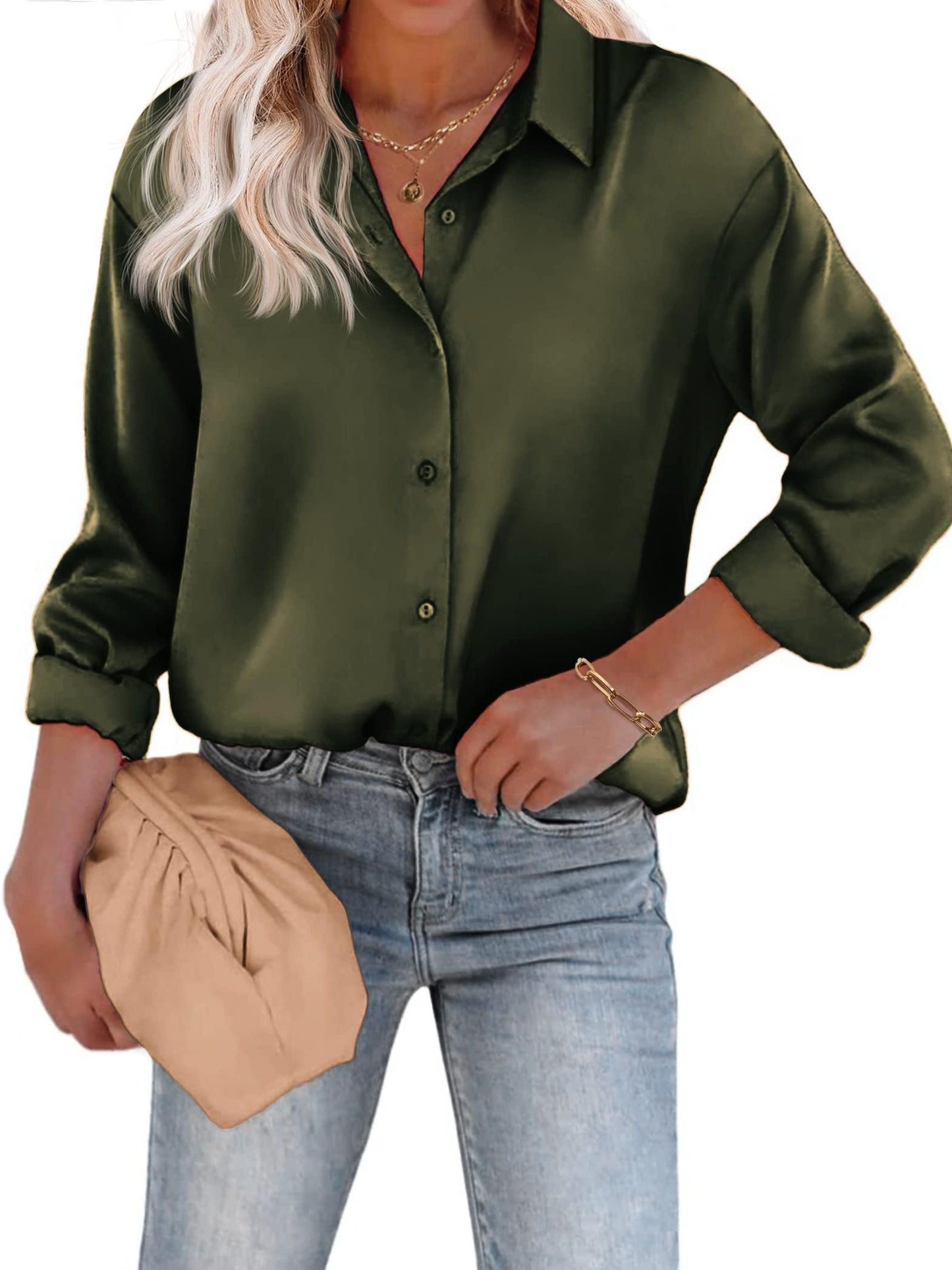 Satin Women's Blouse with Button Closure and Long Sleeves – Casual &amp; Elegant