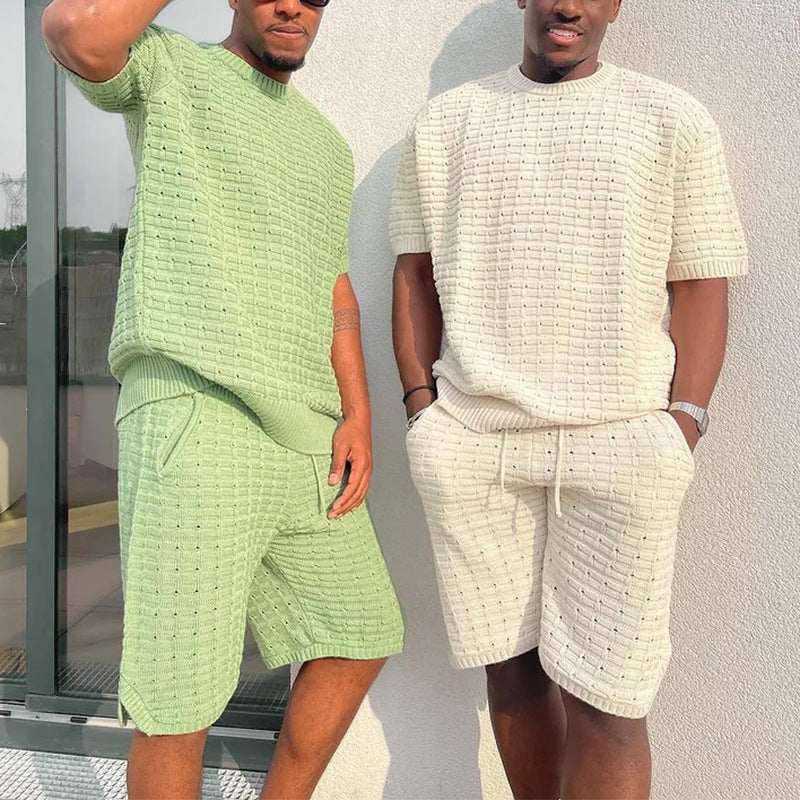 Men's Summer Set in White and Green – Casual Set with Shirt and Shorts