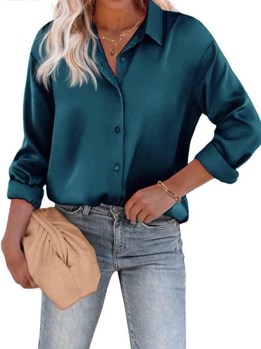Satin Women's Blouse with Button Closure and Long Sleeves – Casual &amp; Elegant
