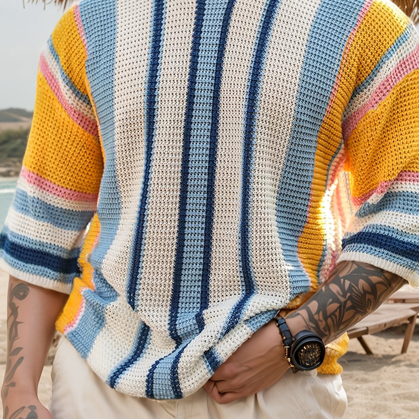Airy Knitted Men's Sweater with Wide Stripes