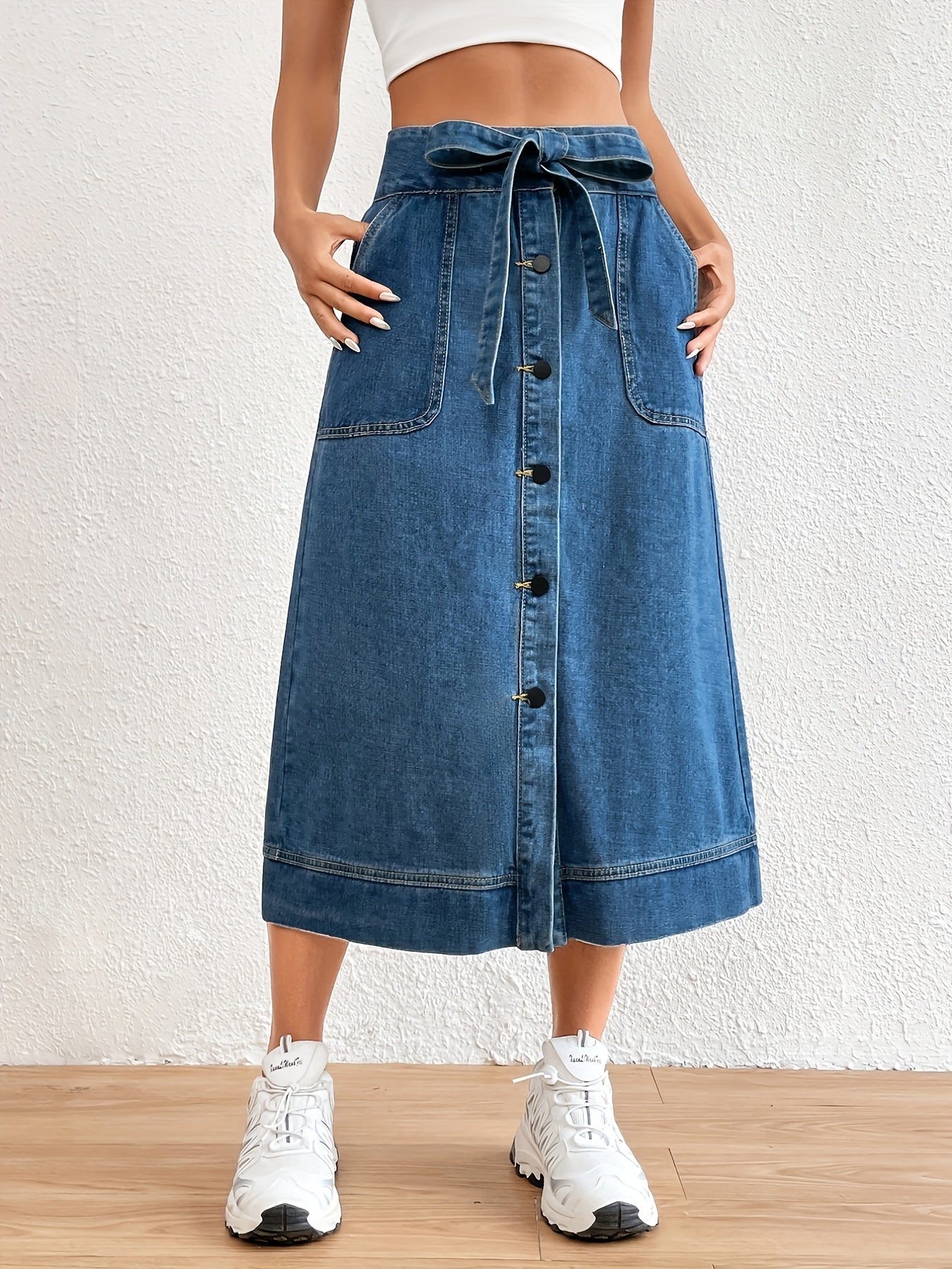 Plain Denim Midi Skirt with Tie Belt for Women