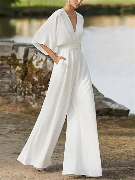 Airy Women's Jumpsuit with V-Neck, Wide Legs and Batwing Sleeves