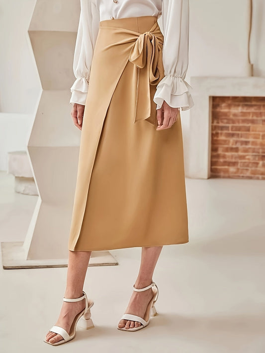 Elegant Plain Wrap Skirt with Bow and High Waist for Women