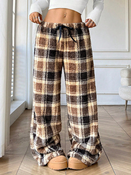 Casual Checked Long Pants with Tie Closure for Women