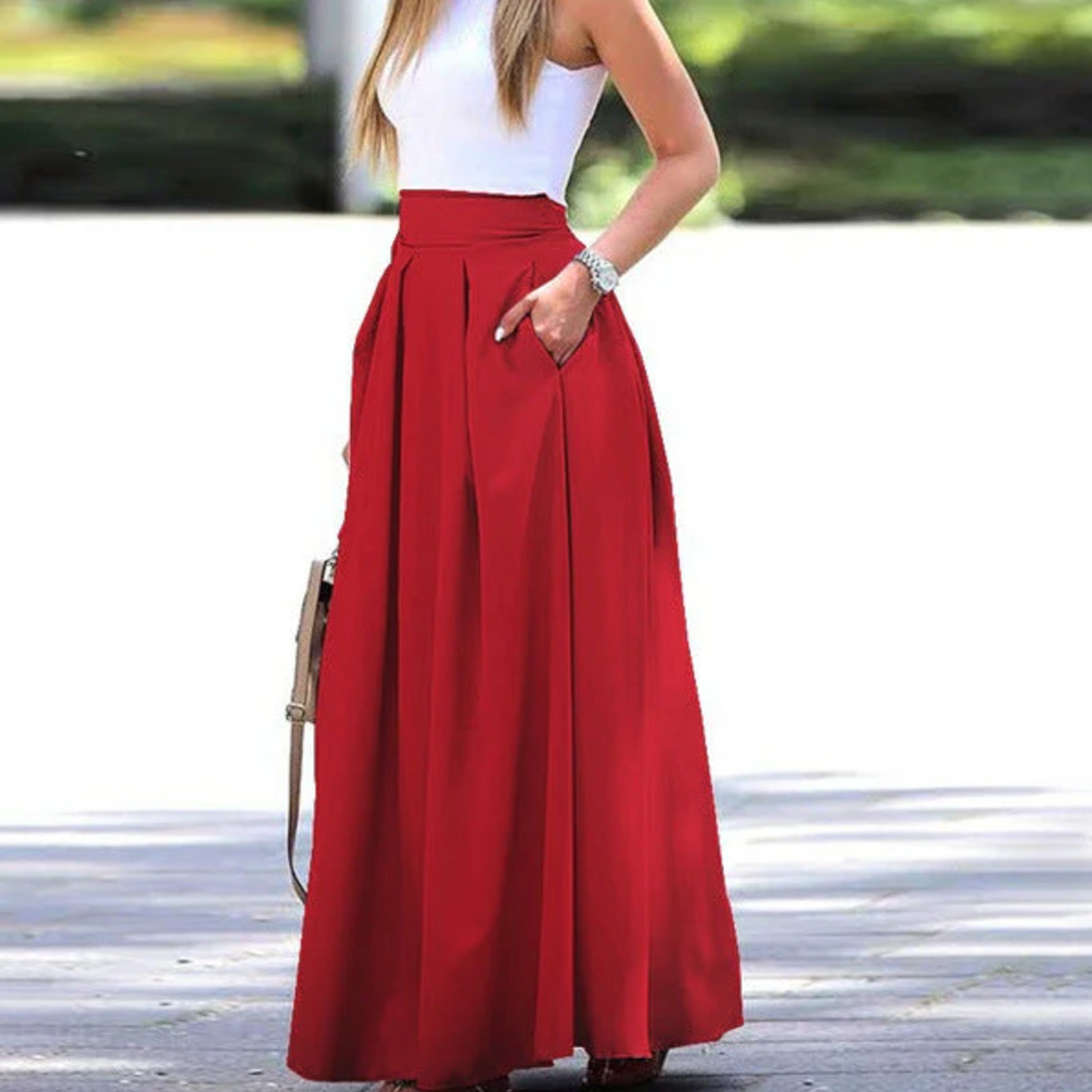 Summer Long Pleated Skirt with High Waist for Women