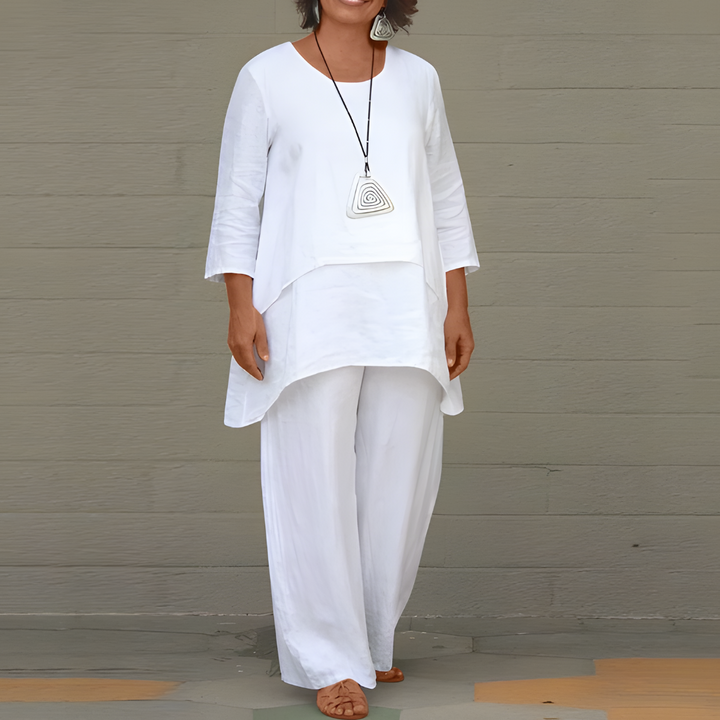 Women's Linen Summer Set with Layered Top and Wide Leg Pants