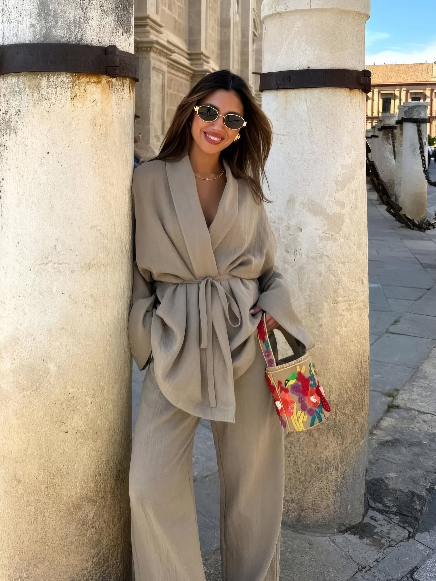 Elegant Women's Suit with Wrap Blouse and Wide Legs – Two-Piece Set