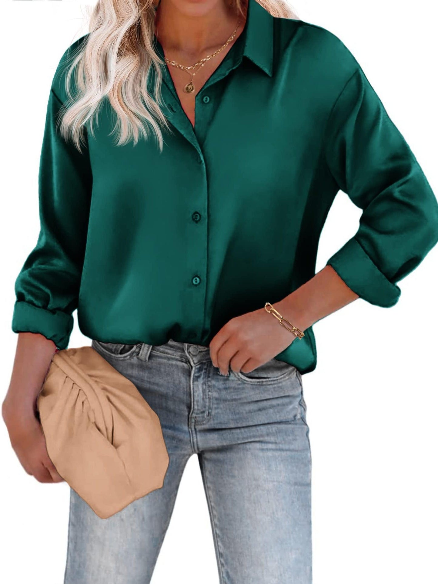 Satin Women's Blouse with Button Closure and Long Sleeves – Casual &amp; Elegant