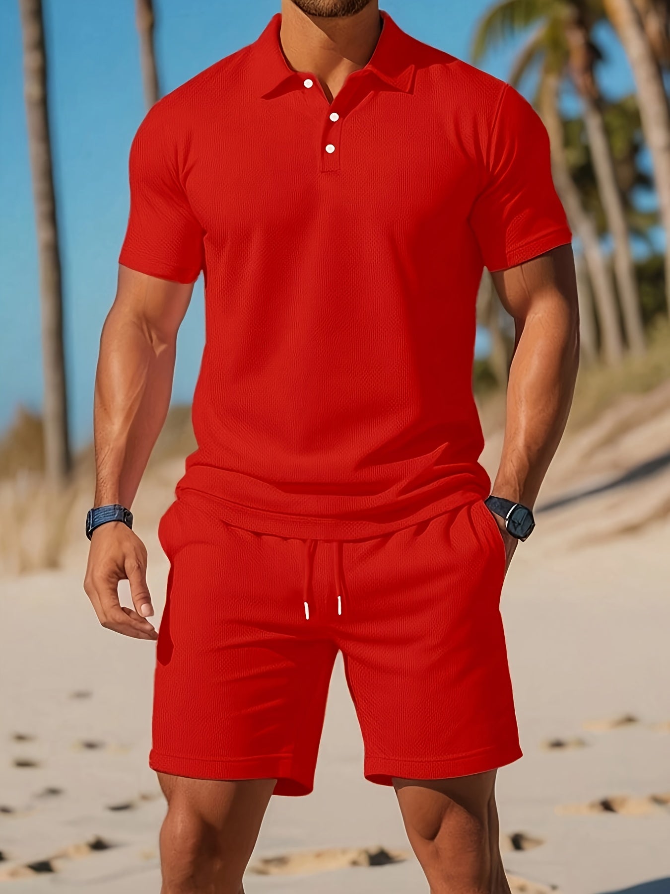Men's Summer Polo and Shorts Set – Tone-on-Tone Texture