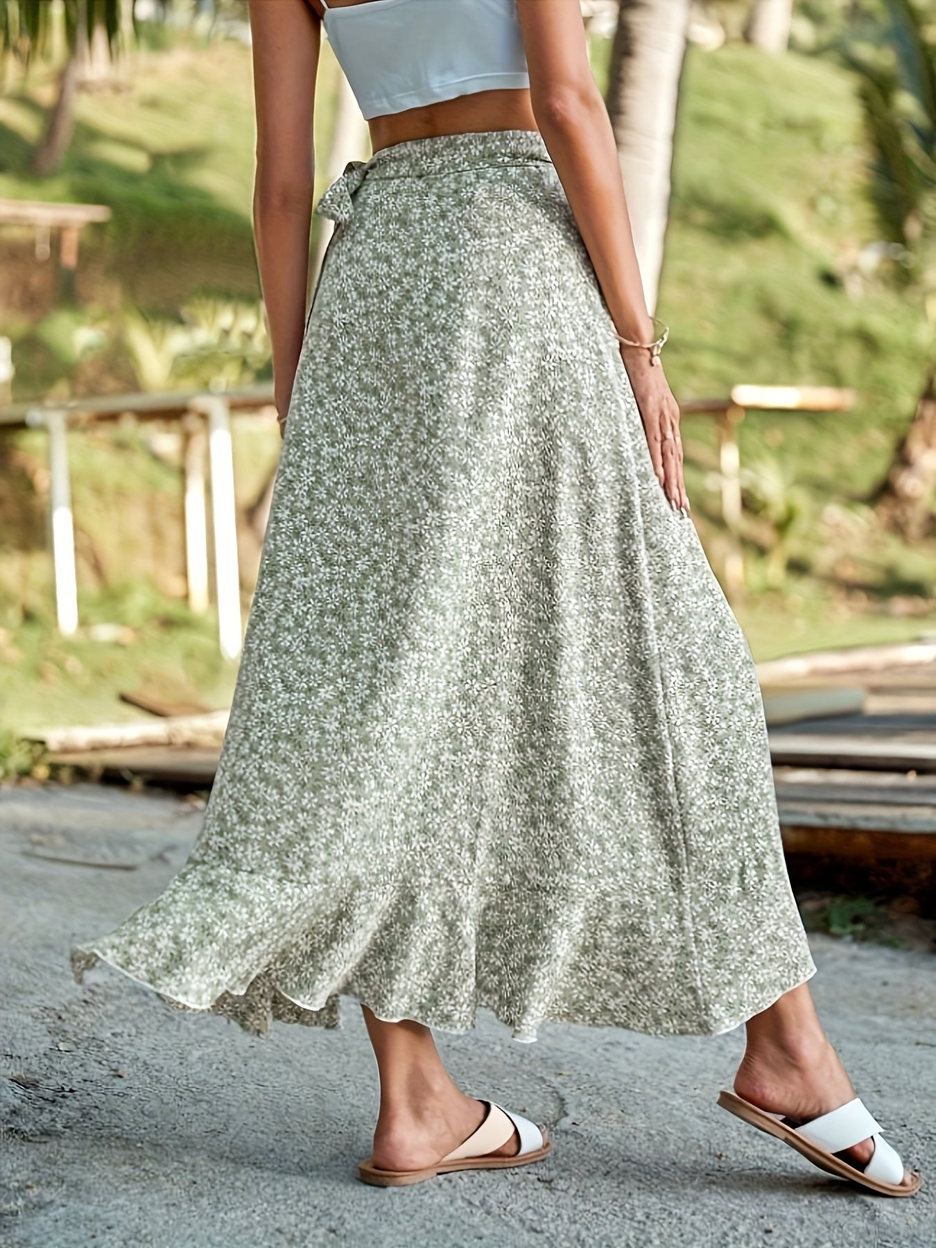 Floral Print Wrap Skirt with Playful Ruffles for Women