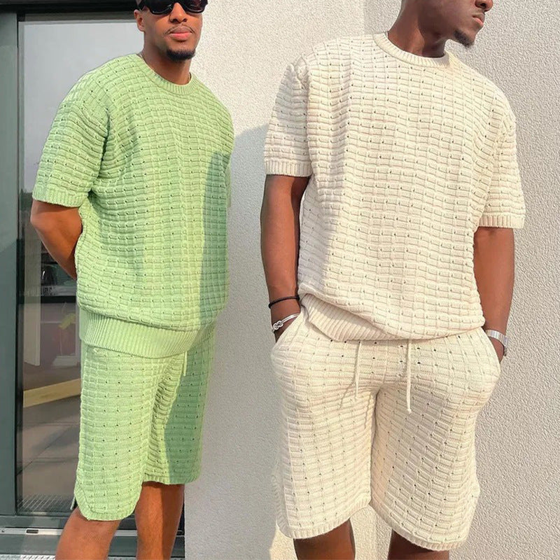 Men's Summer Set in White and Green – Casual Set with Shirt and Shorts
