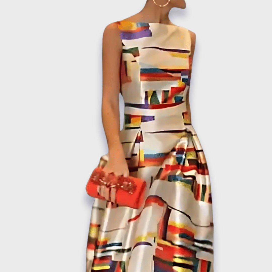Elegant Sleeveless Evening Dress with Graphic Print and Raised Waistline