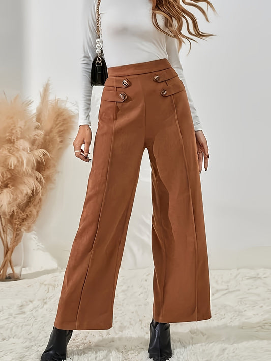 High-Waist Wide Leg Pants – Elegant Button Detail for Spring &amp; Fall
