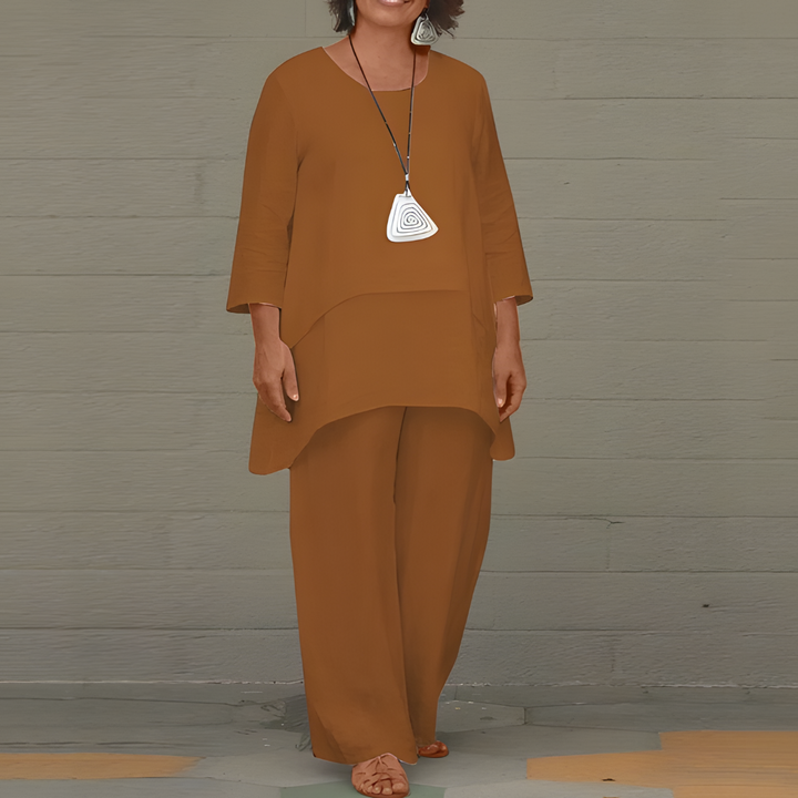 Women's Linen Summer Set with Layered Top and Wide Leg Pants