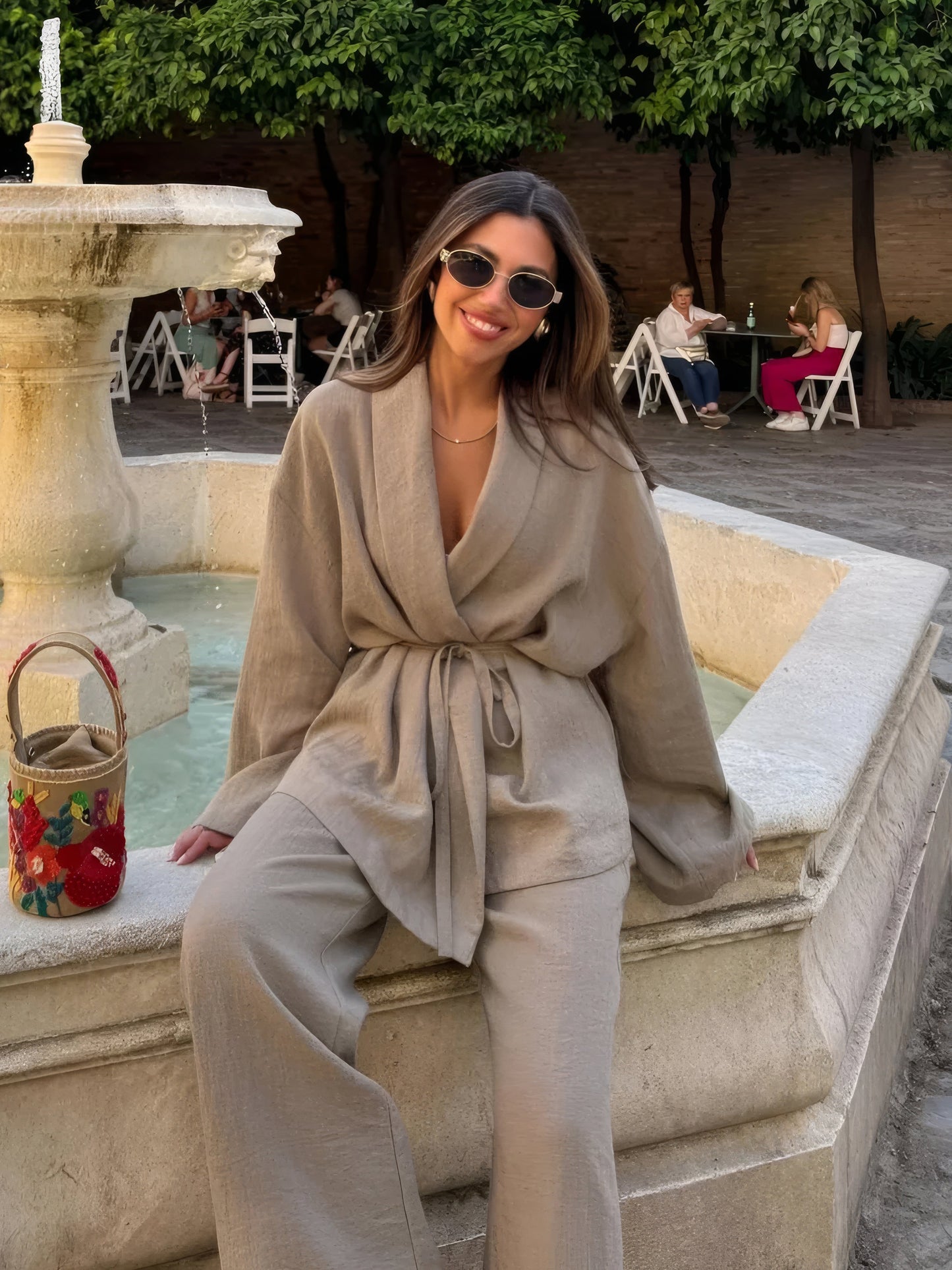 Elegant Women's Suit with Wrap Blouse and Wide Legs – Two-Piece Set