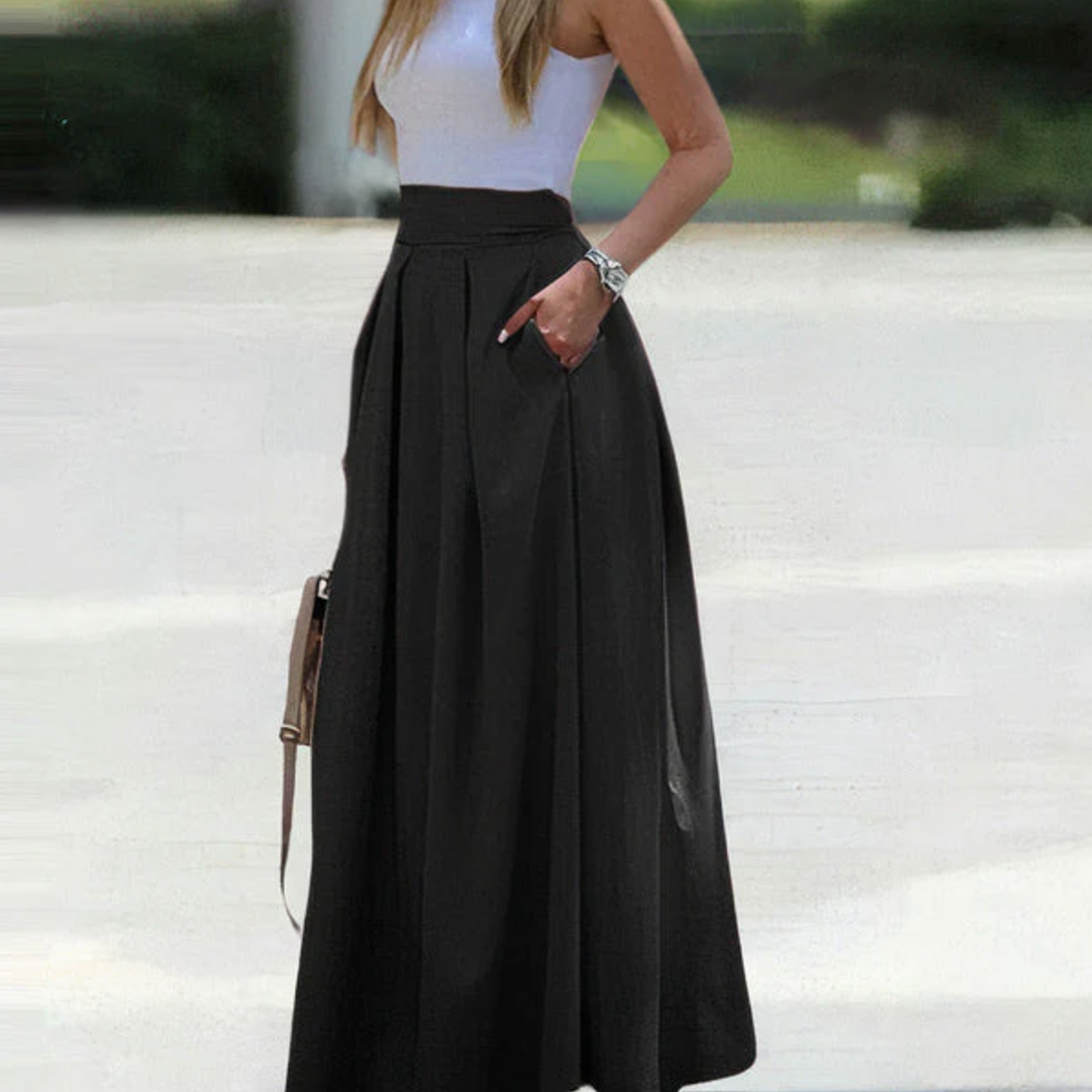 Summer Long Pleated Skirt with High Waist for Women