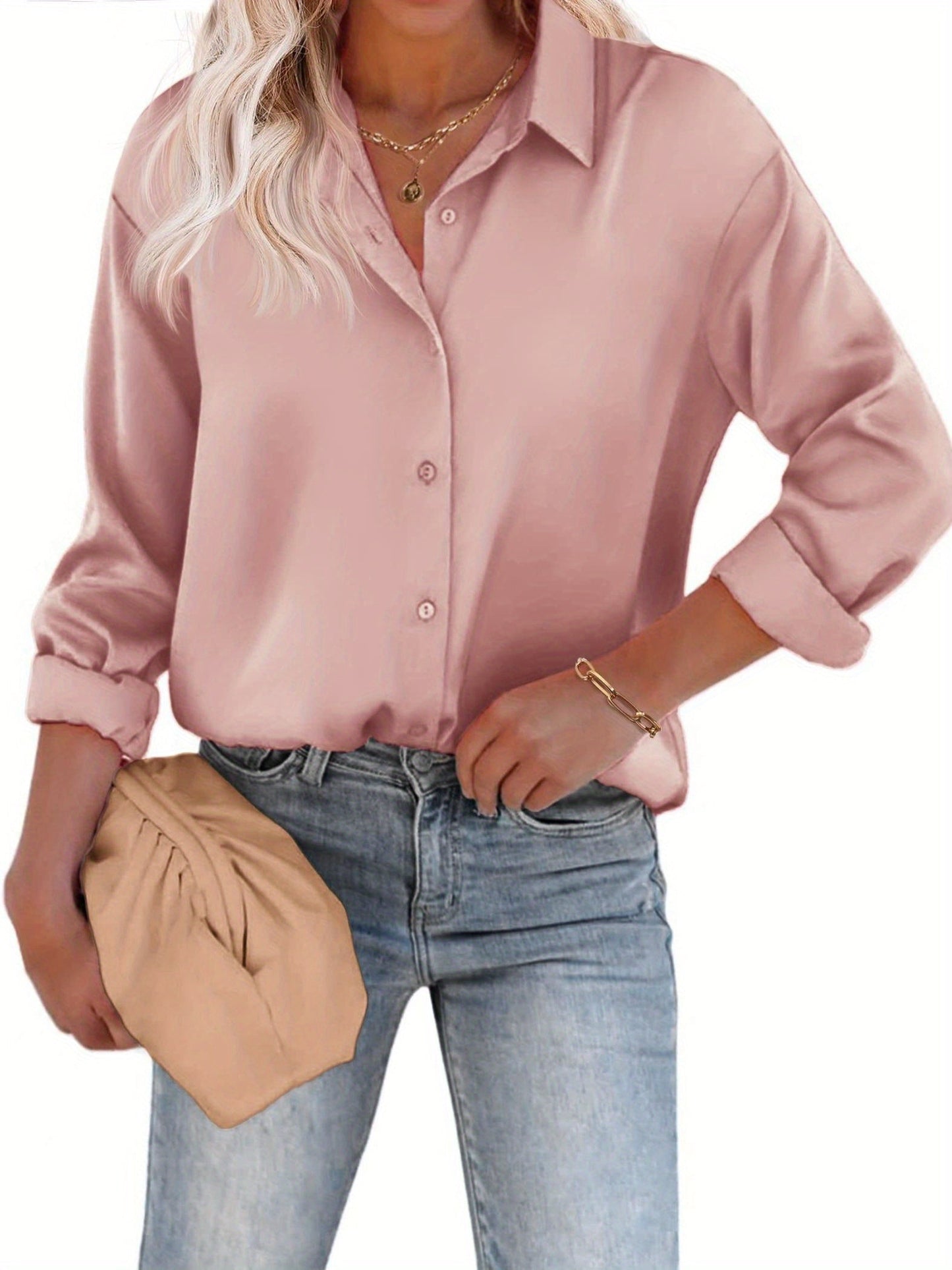Satin Women's Blouse with Button Closure and Long Sleeves – Casual &amp; Elegant
