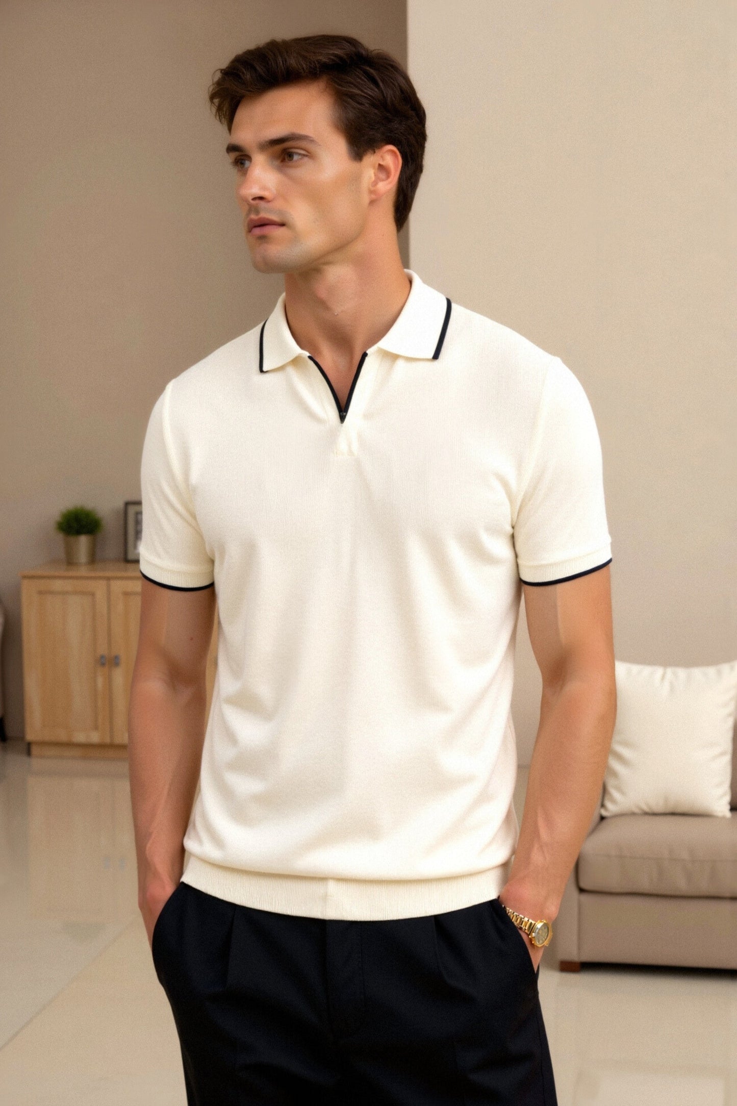 Men’s Polo Shirt with Contrast Details – Cream & Black
