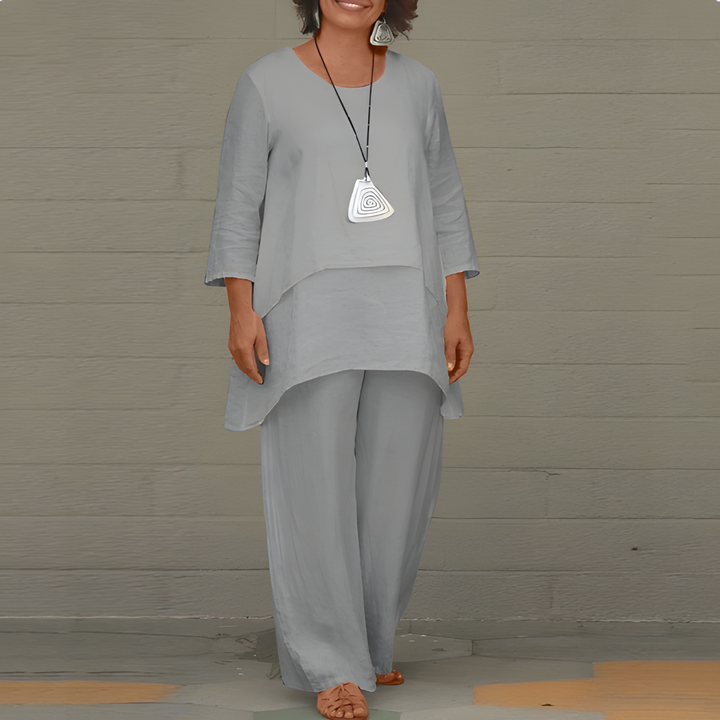 Women's Linen Summer Set with Layered Top and Wide Leg Pants