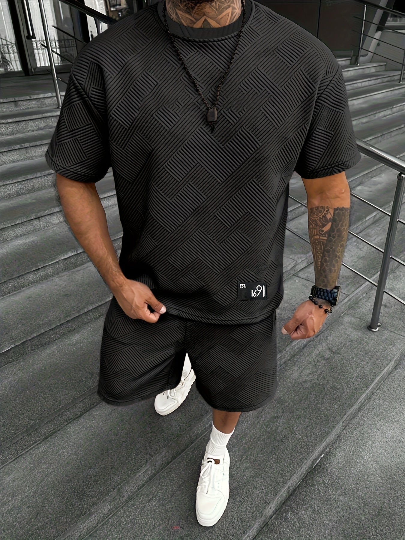 Men's Jacquard T-Shirt &amp; Shorts Set – Casual, Sporty Summer Outfit