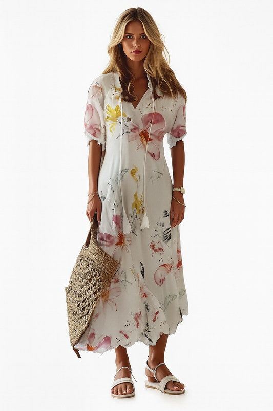Bohemian Maxi Dress with Waistband and Button Closure – Summer Dress