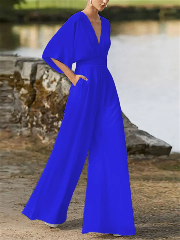 Airy Women's Jumpsuit with V-Neck, Wide Legs and Batwing Sleeves