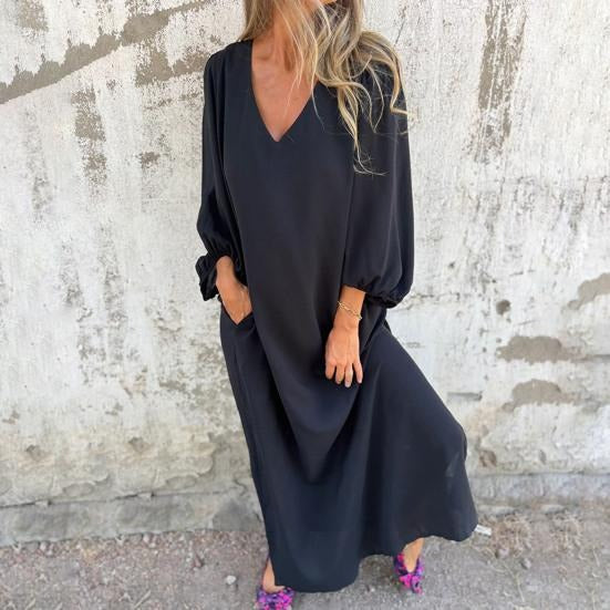 Summer Maxi Dress with Balloon Sleeves and V-Neck