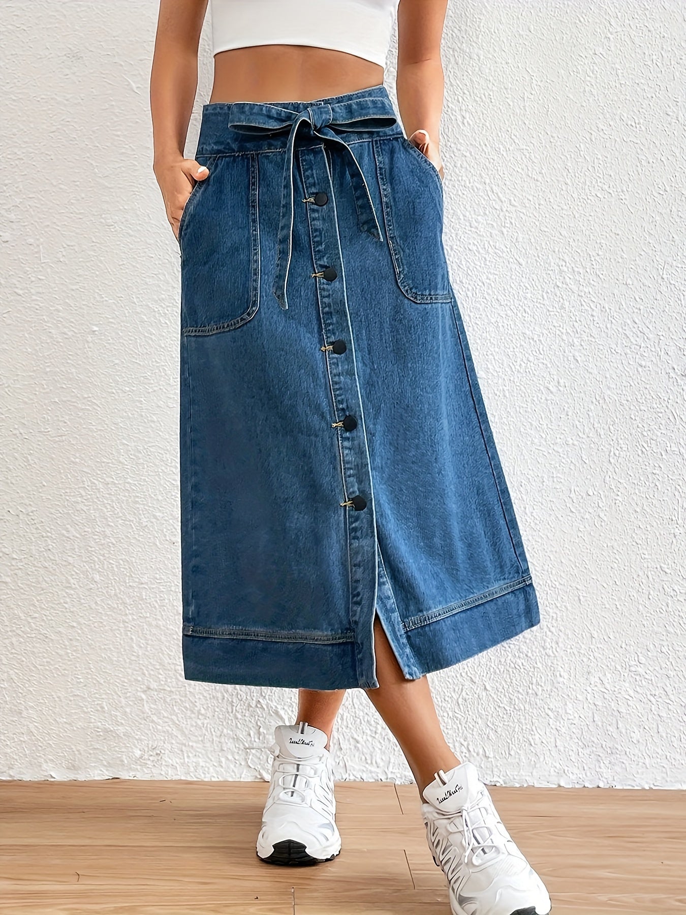 Plain Denim Midi Skirt with Tie Belt for Women
