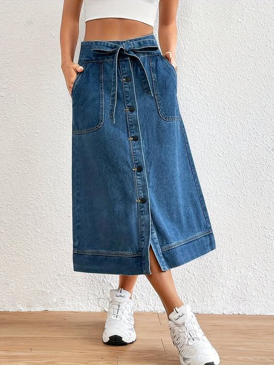 Plain Denim Midi Skirt with Tie Belt for Women