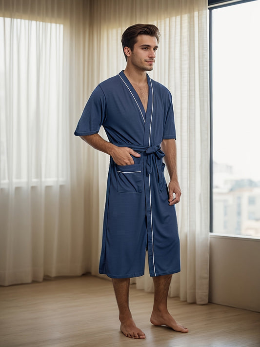 Men's bathrobe with short sleeves and V-neck