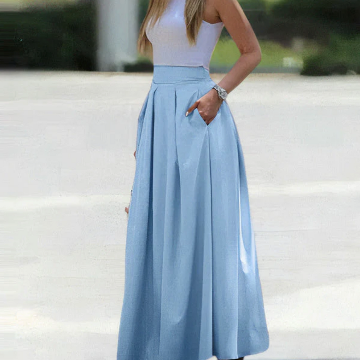 Summer Long Pleated Skirt with High Waist for Women