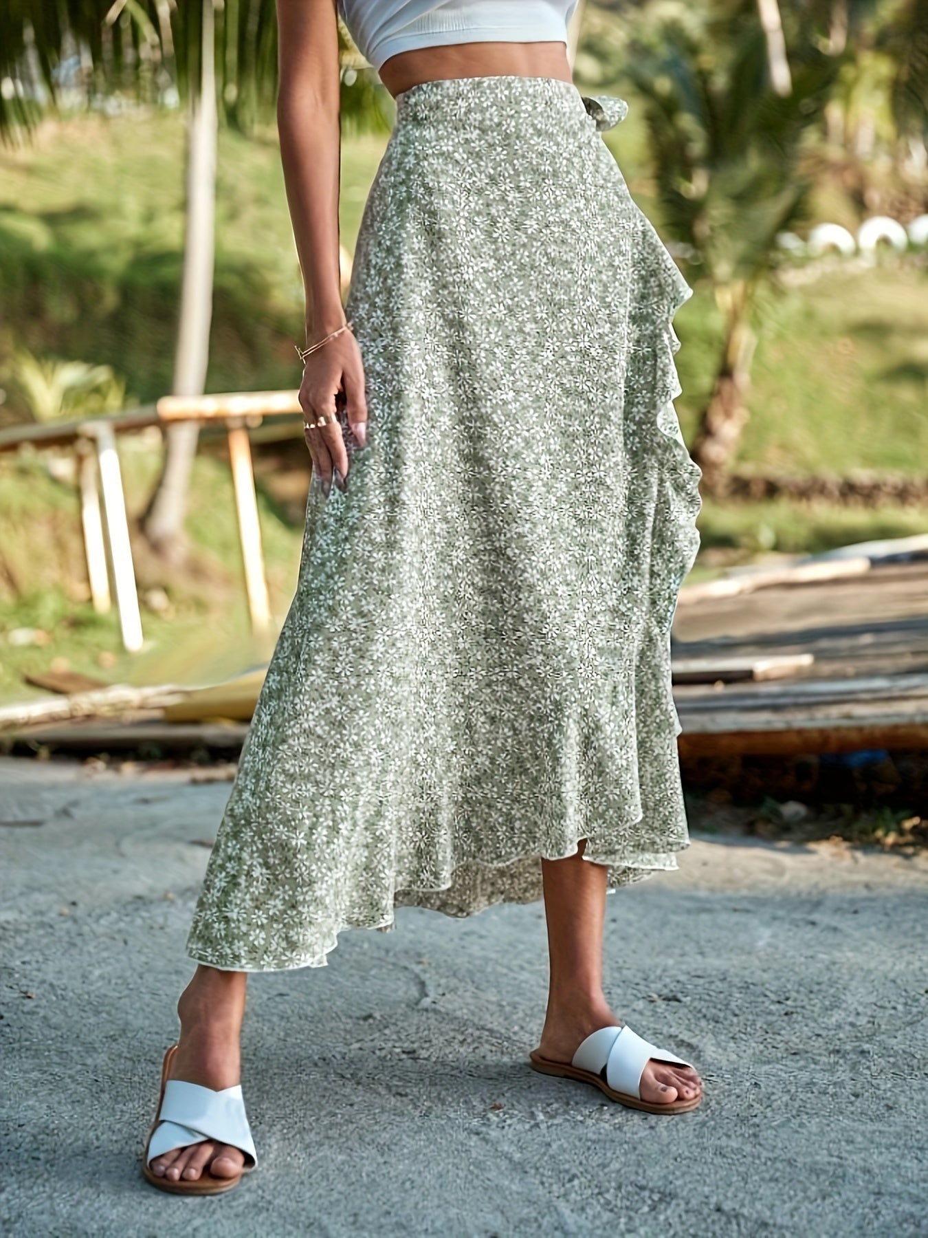 Floral Print Wrap Skirt with Playful Ruffles for Women