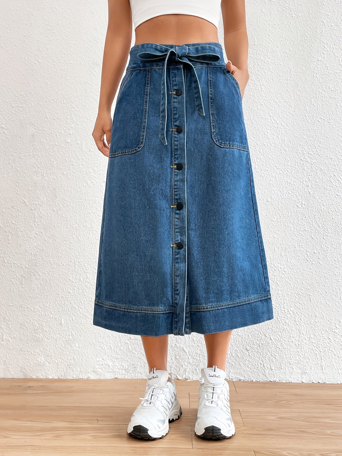 Plain Denim Midi Skirt with Tie Belt for Women