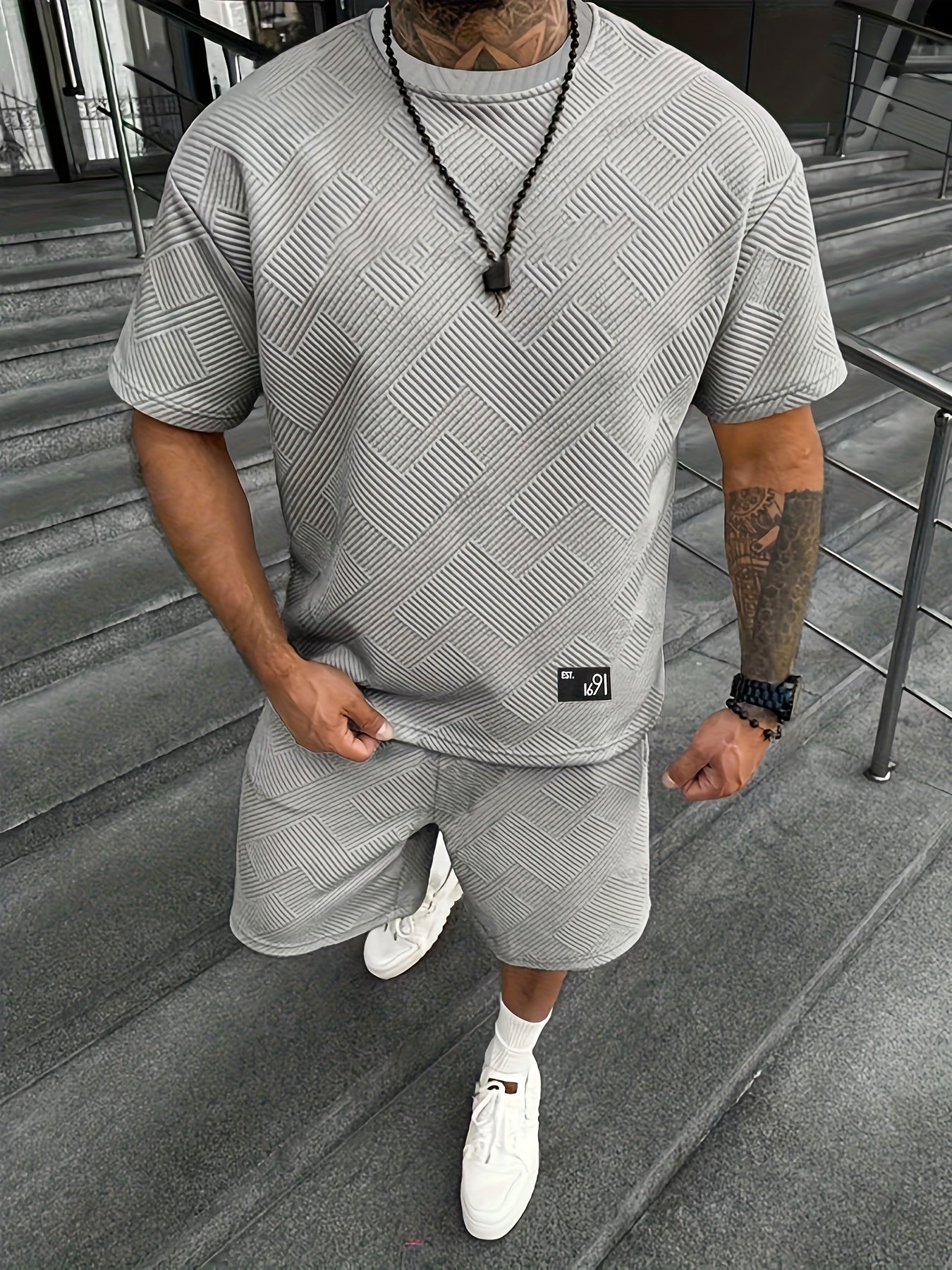 Men's Jacquard T-Shirt &amp; Shorts Set – Casual, Sporty Summer Outfit